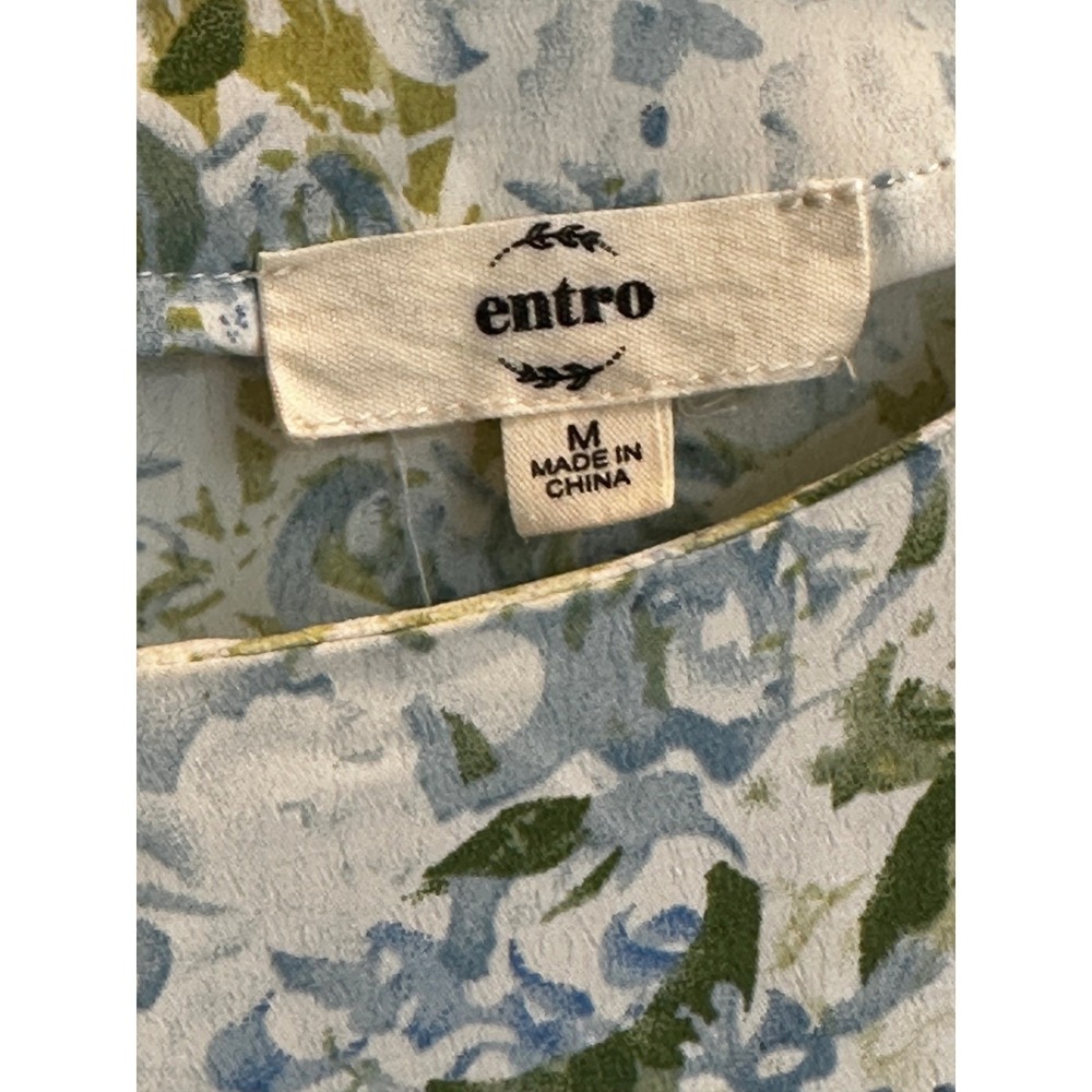 Entro Floral Babydoll Top Blue Green Watercolor Smocked Cuff Blouse T20069 M - Picture 4 of 8